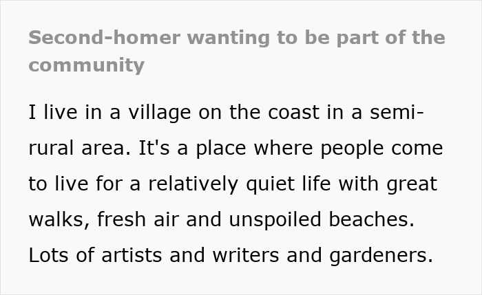 Text describes new couple in town seeking community in a coastal village known for quiet life and artistic residents.