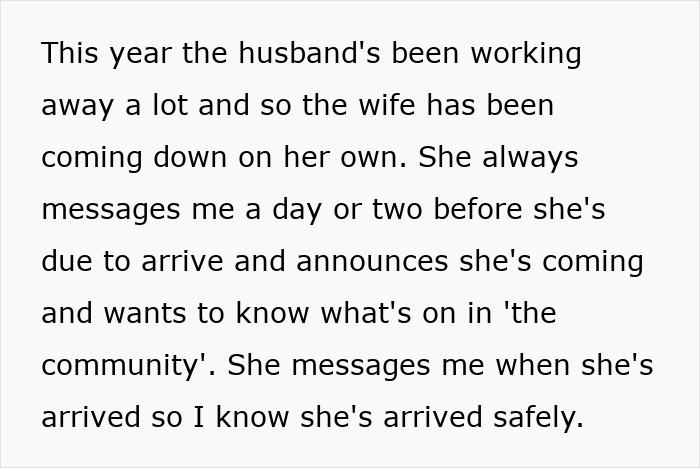 Text discussing a husband working away, with the wife visiting alone and messaging for updates on the community.