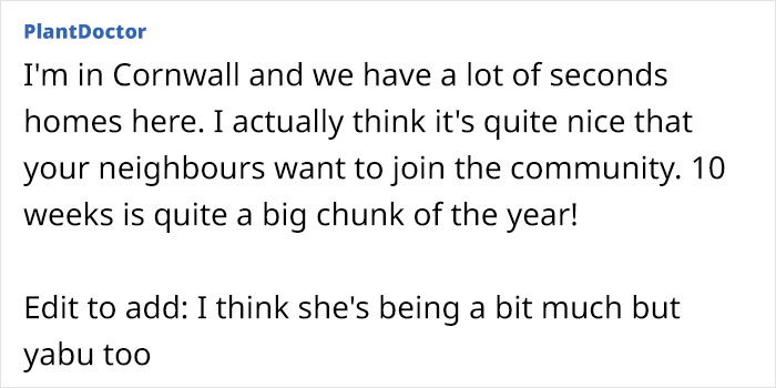 Text response discussing neighbors joining the community in Cornwall, mentioning second homes and community integration.