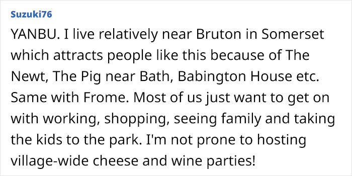 Comment about life near Bruton in Somerset, mentioning local attractions and community lifestyle.