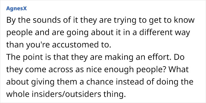 Text comment discussing a new couple's efforts to get to know neighbors and suggesting giving them a chance.