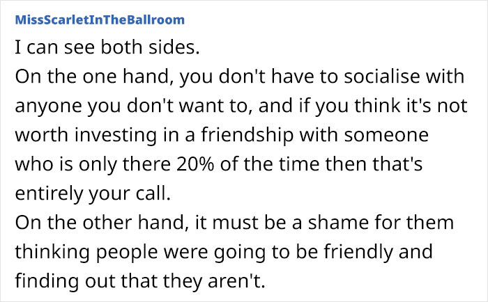 Text from a forum user about socializing and neighbor expectations.