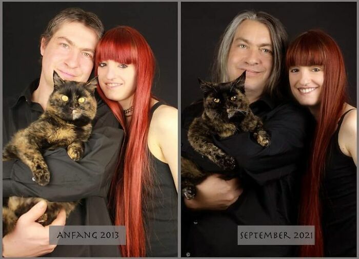 Only 8 Years Apart. Me, My Wife And The Cat