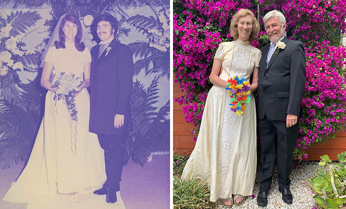 To Celebrate Our 50th Anniversary, Wife And I Recreated Our Wedding Pic. She’s Wearing The Same Dress