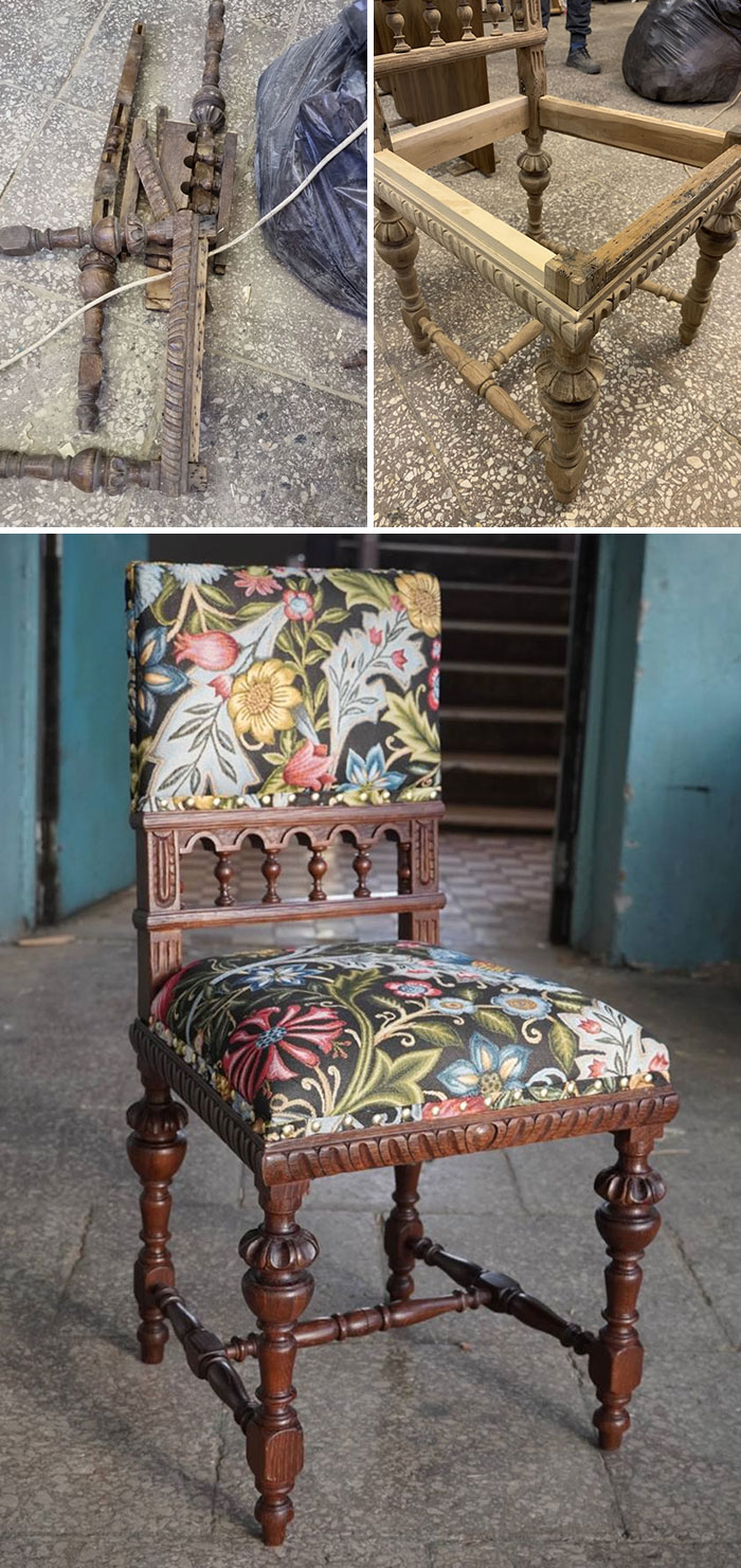 Chair restoration process from disassembled parts to a fully restored floral upholstered chair.