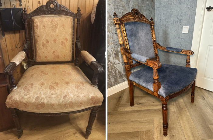 Restored antique chair with new blue upholstery, showcasing old-things restoration before and after.