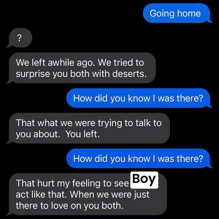 Text messages discussing surprise and disappointment.