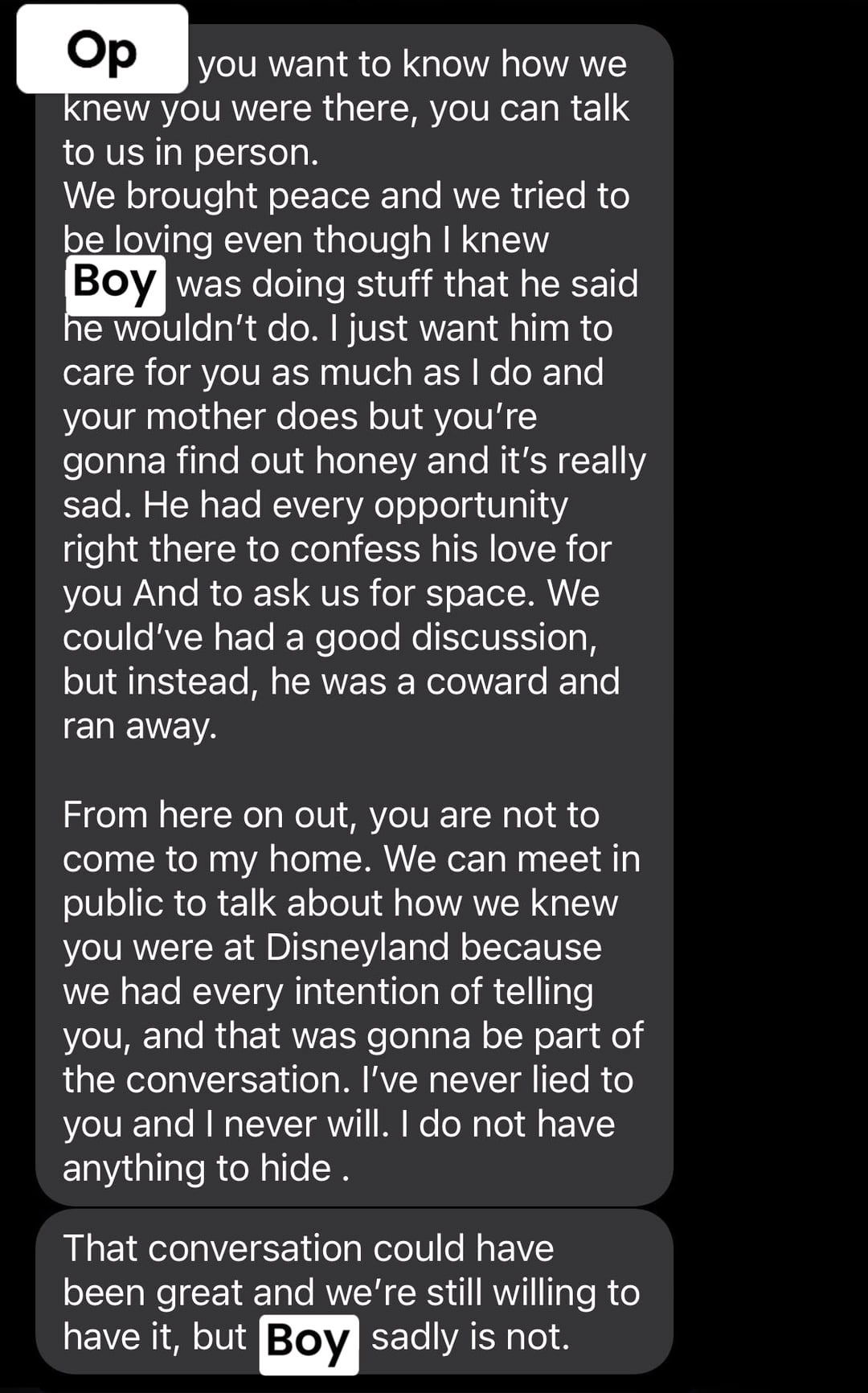 Text message from parents discussing stalking date incident at Disneyland.