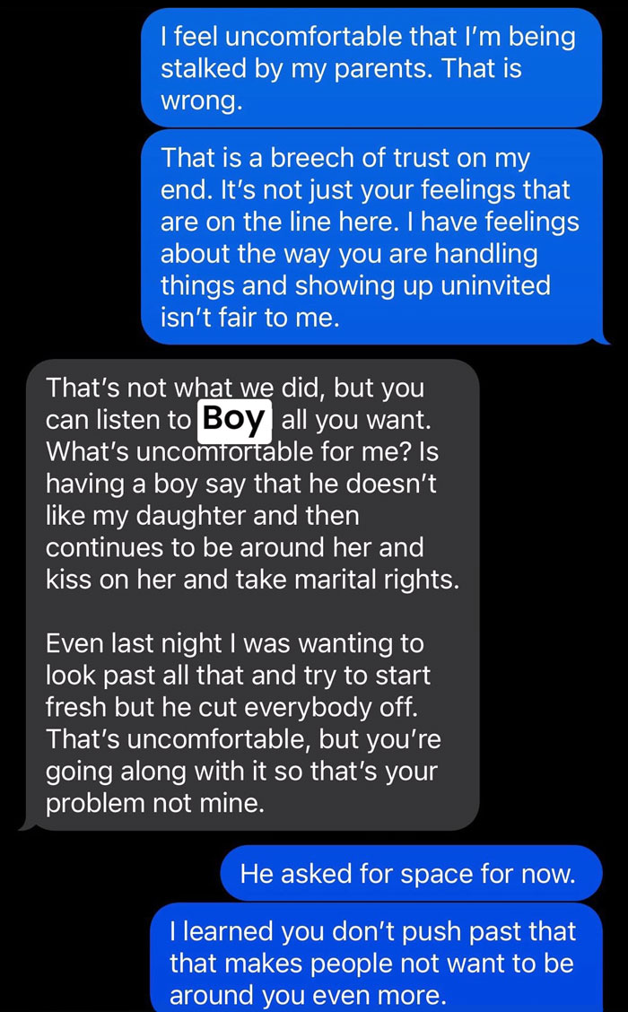 Text exchange about being stalked by parents, discussing trust and relationship boundaries.