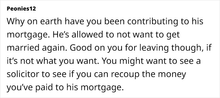 Comment discussing commitment issues and financial contributions in a relationship.