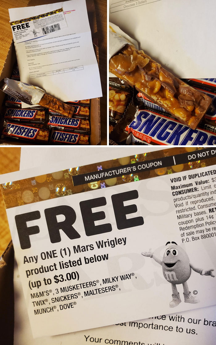 Complained To Snickers About My Box Of Bars Not Having Chocolate On Top And They Sent Me A Coupon For 1 Free Bar