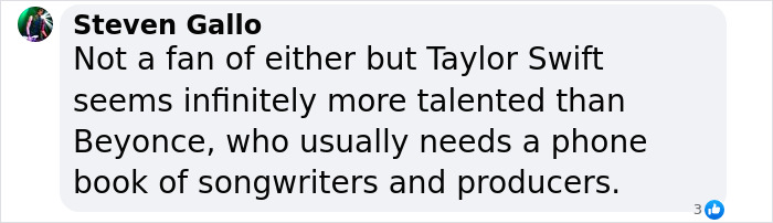 Screenshot of a comment discussing Taylor Swift\'s talent in Billboard popstar rankings.