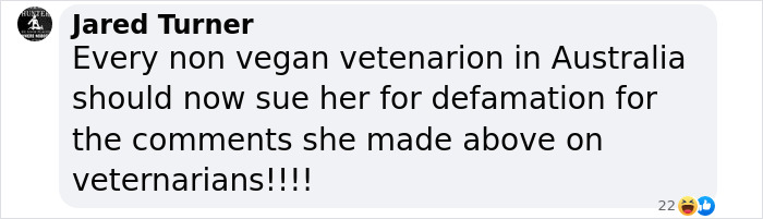 Comment on social media about vegan activist facing defamation issue with Australian veterinarians.