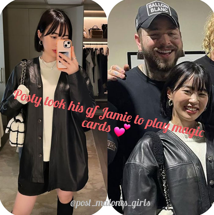 A collage featuring Post Malone smiling with his girlfriend Jamie, both wearing casual outfits, and a mirror selfie of Jamie in a chic black leather jacket. The text reads, "Posty took his gf Jamie to play magic cards 💕."