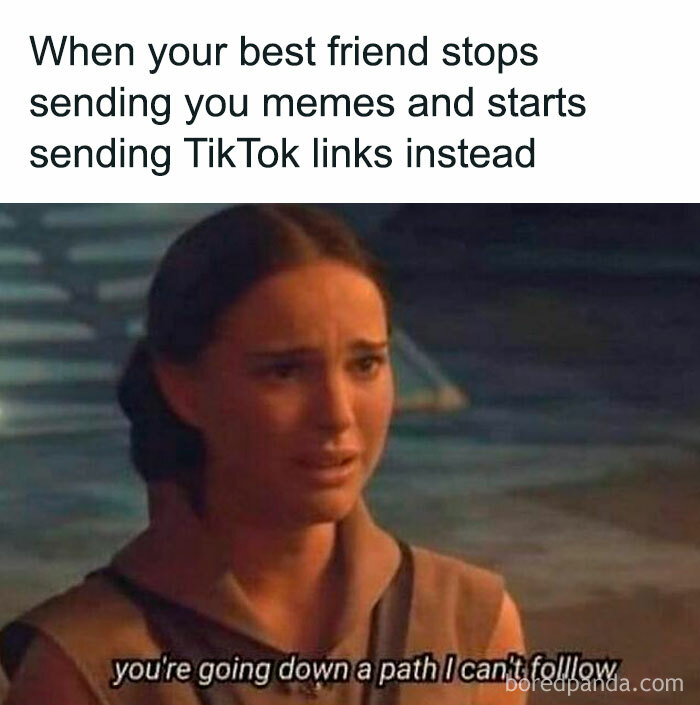 Memes about friends switching from sharing memes to TikTok links, showing a concerned woman.