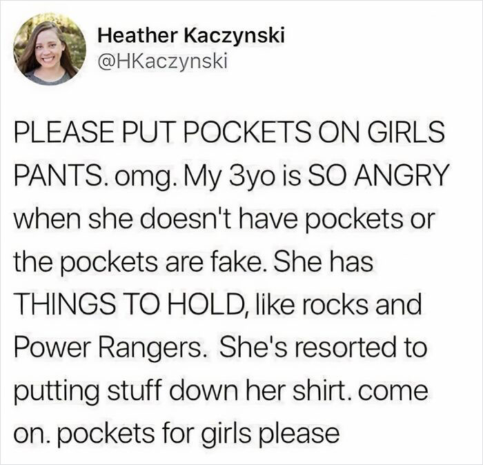 Tweet humorously highlighting the frustration over fake pockets in girls' pants.