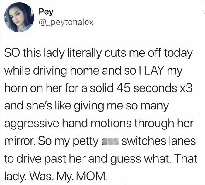 Text from a tweet about a mom unknowingly cutting off her child while driving; humorous and spot-on observation.