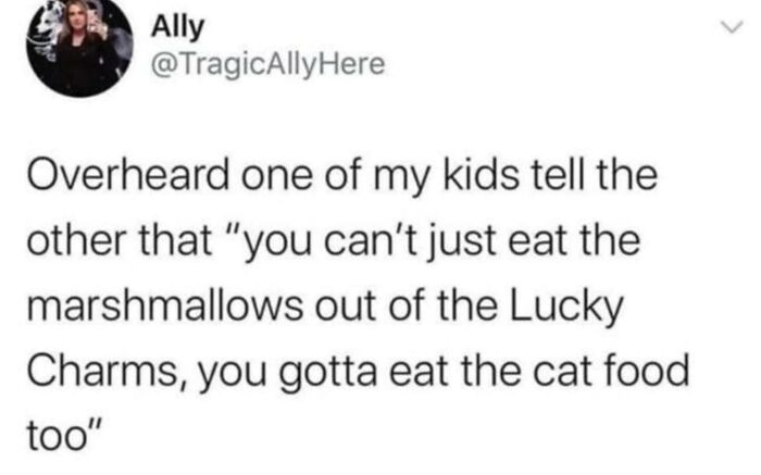 Funny tweet about a kid overheard saying they should eat cat food along with Lucky Charms marshmallows.