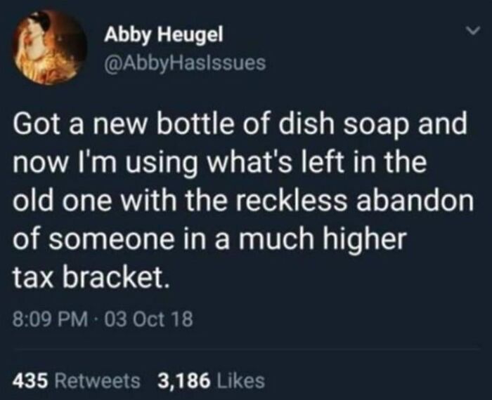 Tweet about using dish soap recklessly, humorously compared to a higher tax bracket lifestyle.