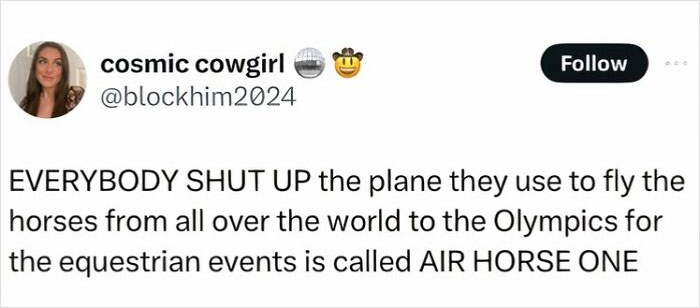 Tweet by cosmic cowgirl joking about the plane for Olympics equestrian events called "Air Horse One."