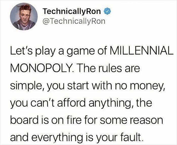 Funny tweet about Millennial Monopoly, highlighting life's struggles with humor.