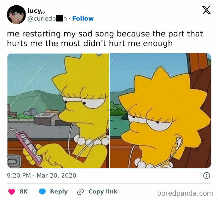 Lisa Simpson listening to music with an annoyed expression, illustrating relatable memes concepts.