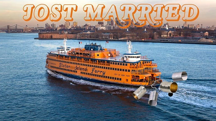 A Staten Island Ferry decorated with tin cans trailing behind, with the words "Jost Married" written above, referencing Colin Jost and Scarlett Johansson.