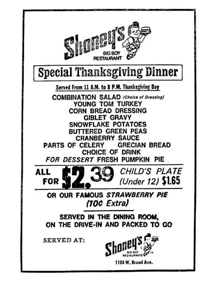 Shoney's Big Boy Thanksgiving Dinner - November 1975