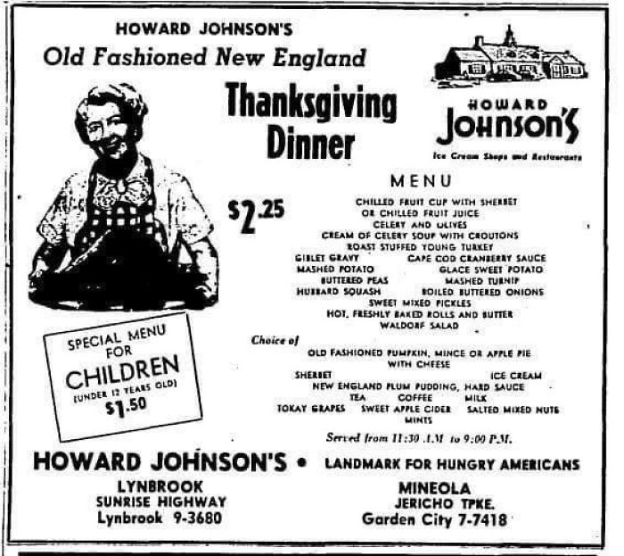 Howard Johnson’s Restaurant, Thanksgiving Menu, Long Island, Early 60s