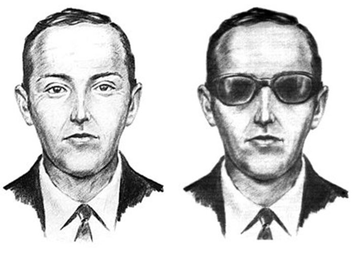 Two sketches of a man linked to an unexplainable mystery, showing him without and with sunglasses.