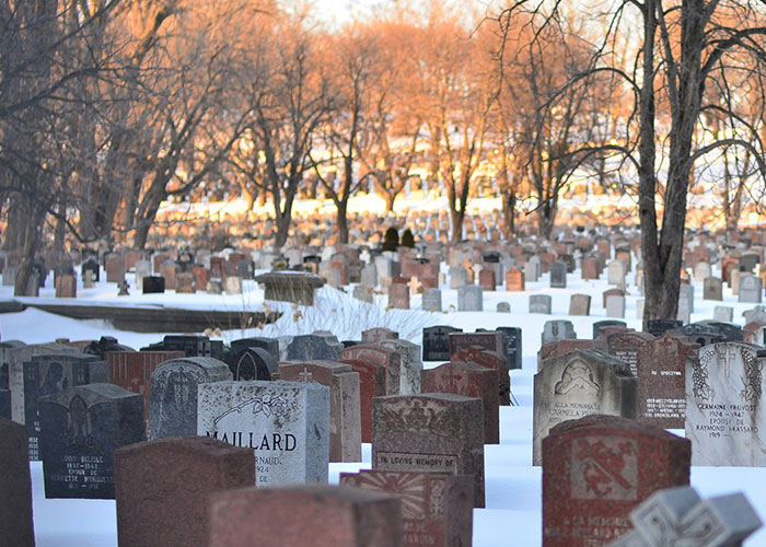 Snow-covered graveyard at dawn, creating an eerie and mysterious atmosphere.