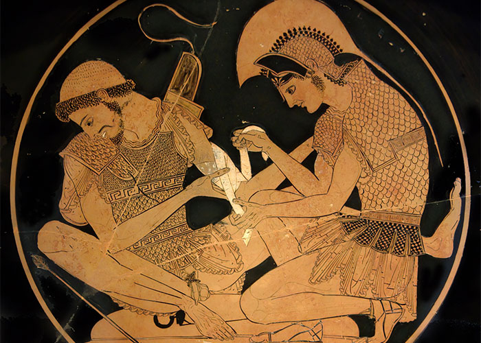 Ancient Greek pottery depicting two warriors engaged in an unexplainable mystery scene.