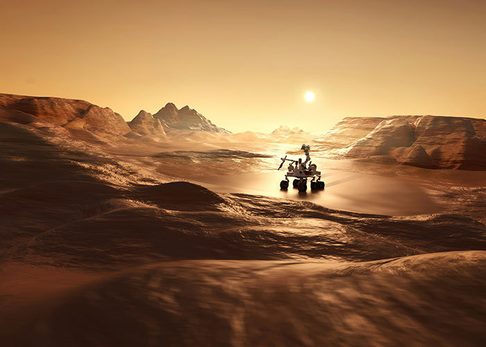 Mars rover explores unexplainable mystery in a barren landscape under a setting sun.