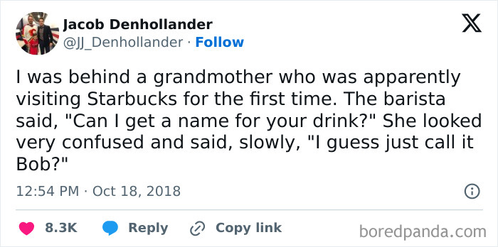 A wholesome interaction between a grandmother and a barista at Starbucks about naming her drink.