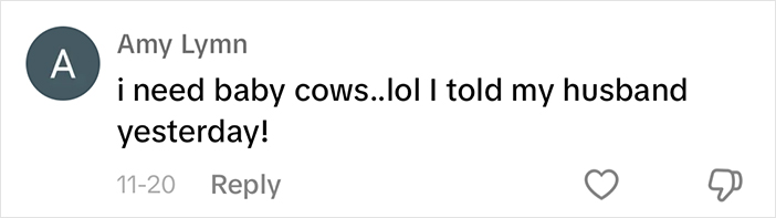 Comment expressing desire for baby calves with humor.