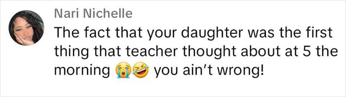 Comment from Nari Nichelle about a teacher's thoughts on a child's behavior, with crying and laughing emojis.