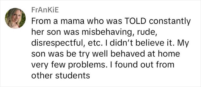 Comment from a mom about her 5-year-old's behavior at school, expressing disbelief and mentioning feedback from other students.