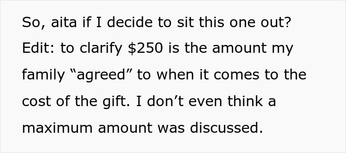 Text discussing the dilemma of skipping a family Christmas party due to a costly white elephant gift requirement.