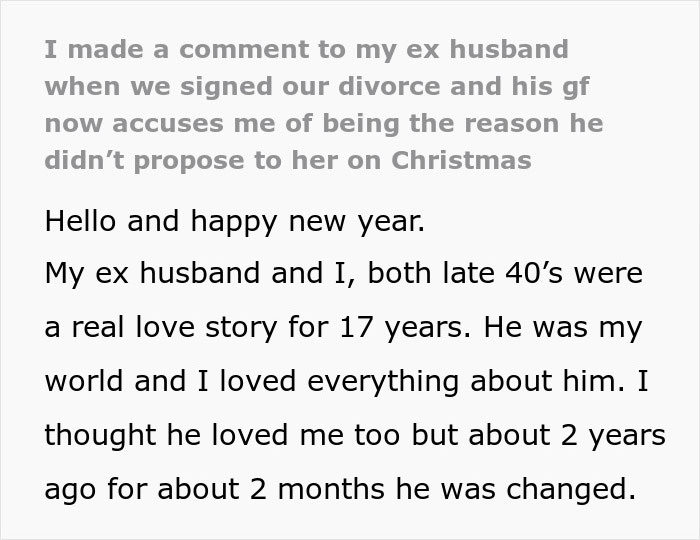 Text about an ex-husband regretting a 17-year marriage after a comment from ex-wife during their divorce.