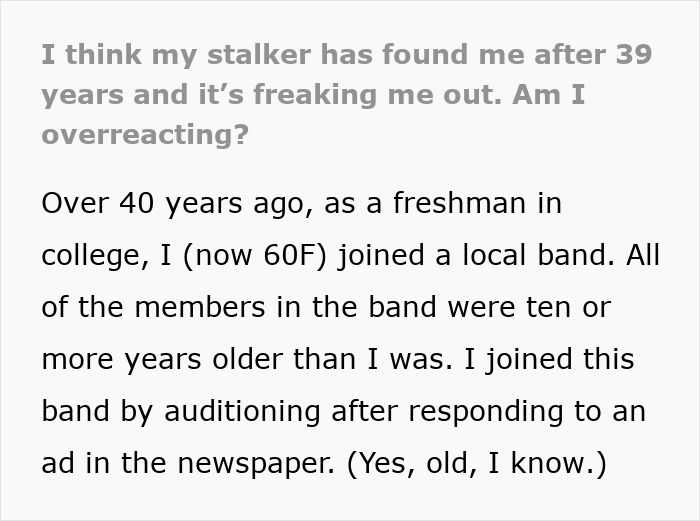 Text about a woman rediscovering a stalker after decades, reflecting on her past as a college freshman in a local band.