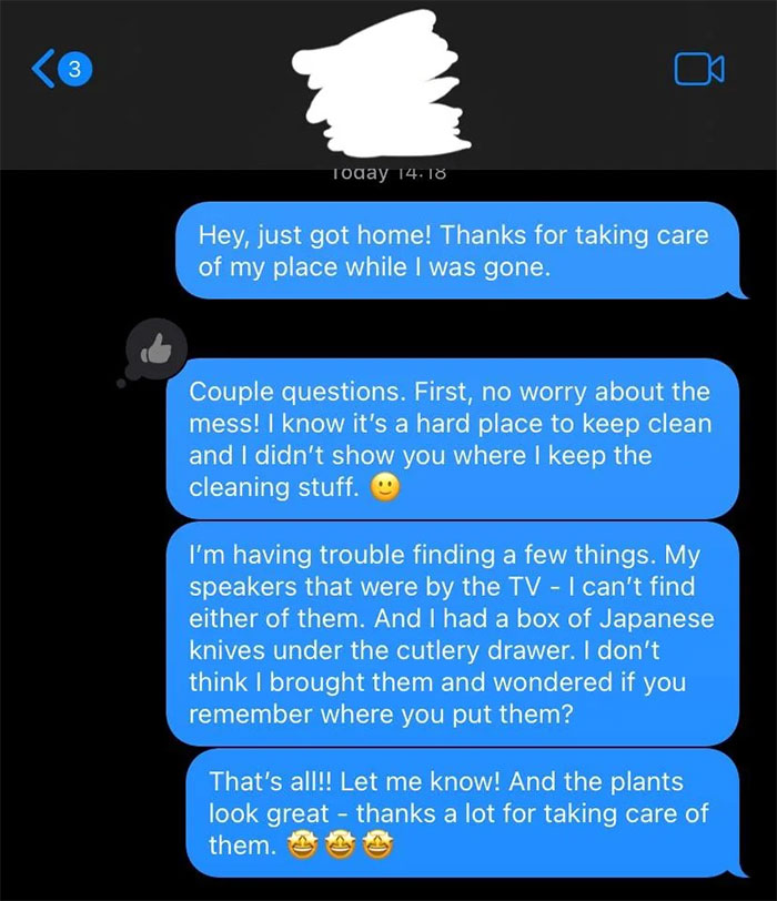 Text messages discussing missing items in an apartment after a roommate's stay.