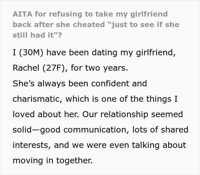 Text describes a man\'s dilemma about refusing to take back his cheating girlfriend.