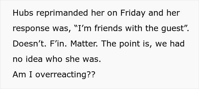 Text about an unexpected visitor causing confusion and questioning if the reaction is justified, related to strangers arriving unannounced.