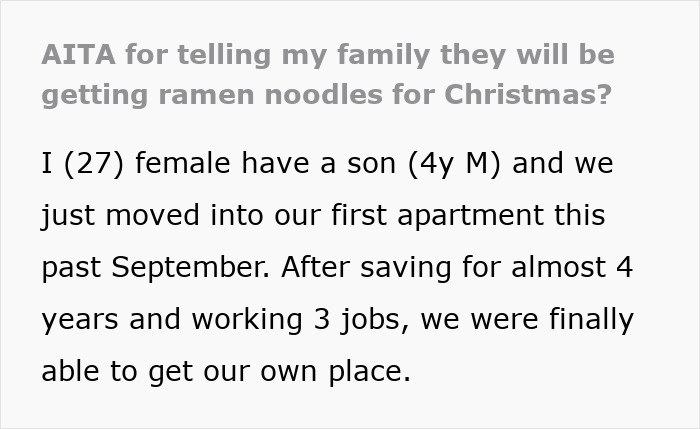 Woman protests Christmas gift-giving to 40 relatives, opts for ramen this year.