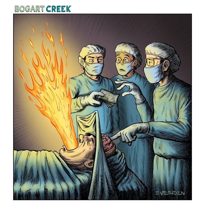 Cartoon by Derek Evernden: surgeons react to a fire-breathing patient on the operating table.