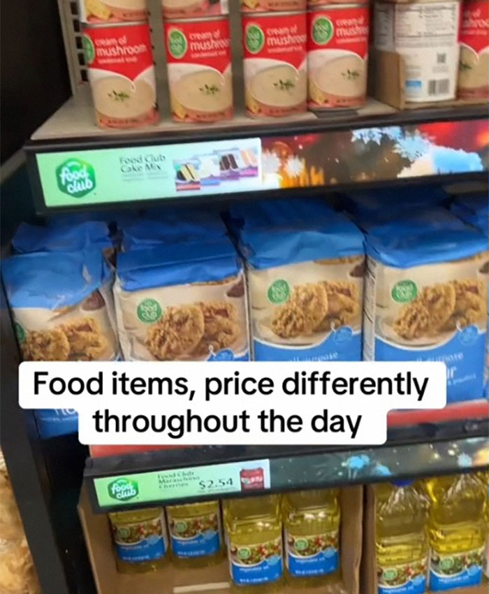 Dynamic pricing of food items on retail shelves, highlighting capitalism's impact.