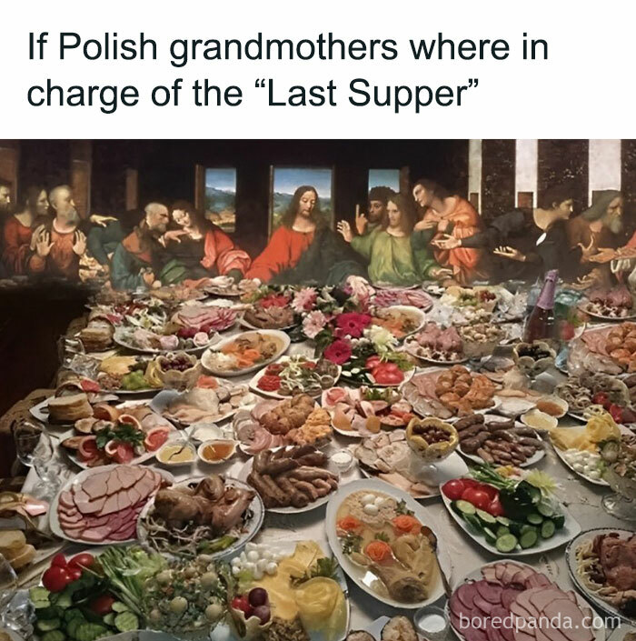 Polish memes: The Last Supper reimagined with Polish dishes, creating a humorous and abundant feast scene.