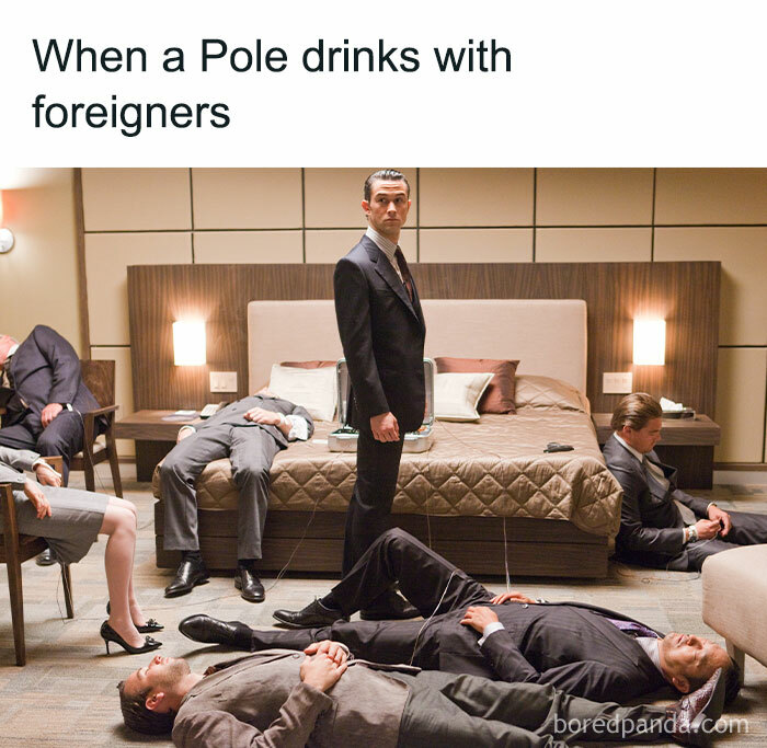 Polish memes: A sharp-dressed man stands in a room where others appear to have passed out.