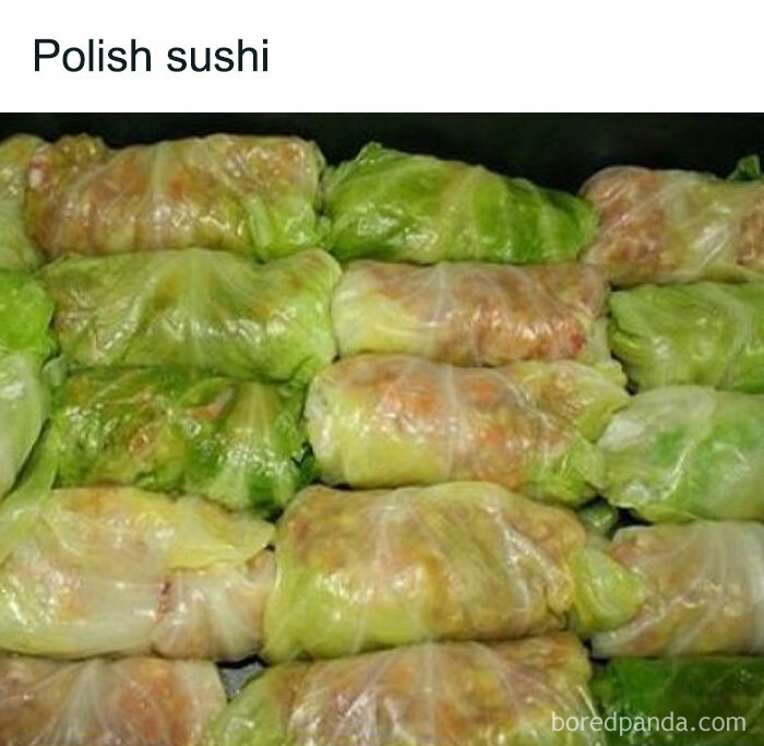 Polish memes featuring cabbage rolls humorously labeled as sushi.