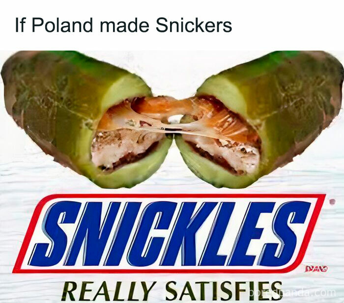 A Polish meme showing a pickle Snickers labeled "Snickles" with a humorous twist on the candy bar.